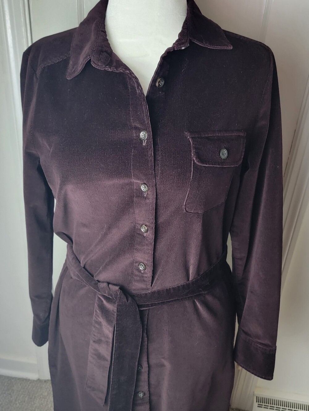Lands' End Corduroy Midi Shirt Dress Size 10 Long Sleeve Tie Waist Button Front